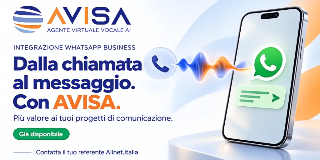 grafica con logo Avisa, scritta blu 'dalla chiamata al messaggio con Avisa (questo in arancione). Immagine di un cellulare con icona watsapp al centro