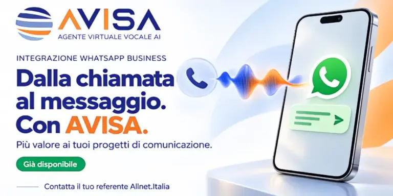 Integrazione-Watsapp-business-Avisa-ok grafica con logo Avisa, scritta blu 'dalla chiamata al messaggio con Avisa (questo in arancione). Immagine di un cellulare con icona watsapp al centro